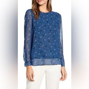 NWT-Anne Klein Women's Printed Double Layer Top Blue Size Large